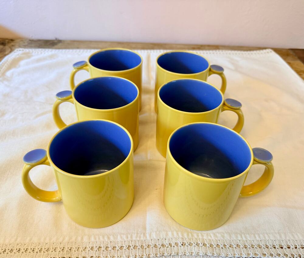 Vintage Ceramic Thumbprint Mug Yellow & Blue 1980s Postmodern Memphis Style